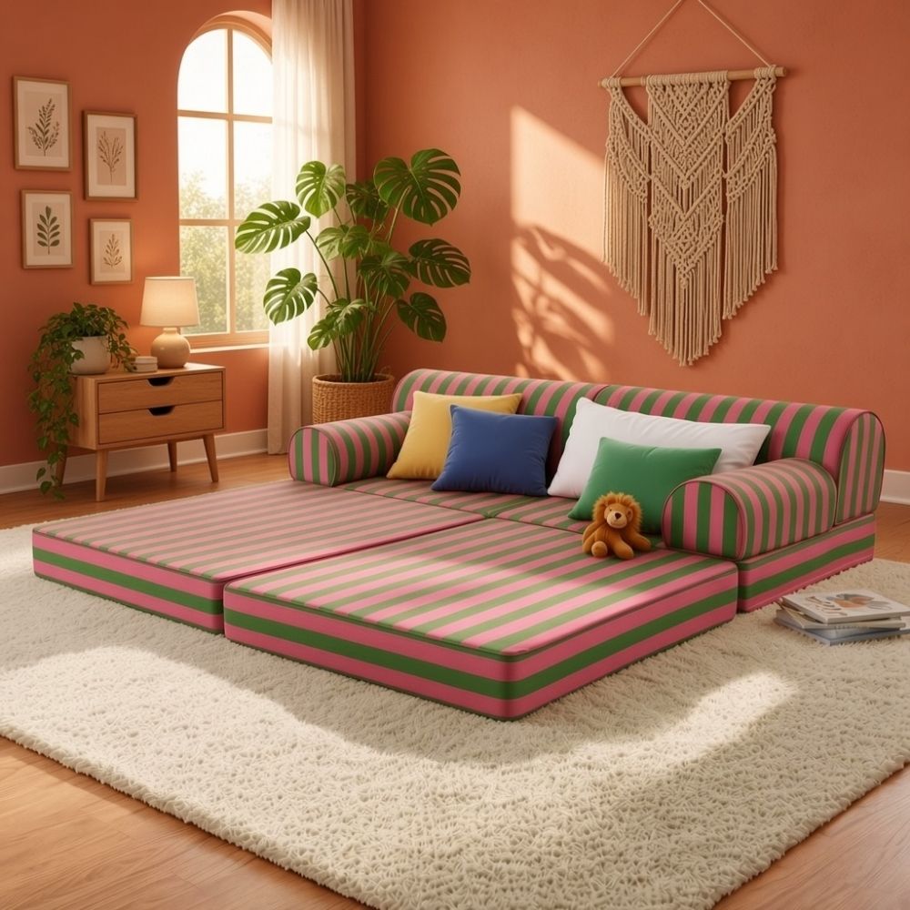 Pembe ve yeşil çizgili, 180×180 cm açılabilir modüler oyun koltuğuyla çocuklar için hazırlanmış geniş ve konforlu oyun alanı.