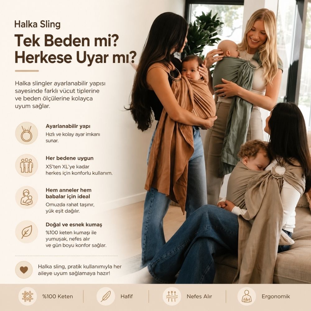 Farklı annelerin ve babaların halka sling kullandığı yaşam tarzı görseli. Ayarlanabilir yapısı sayesinde farklı beden tiplerine uyum sağlayan %100 keten ergonomik bebek taşıma slingi.