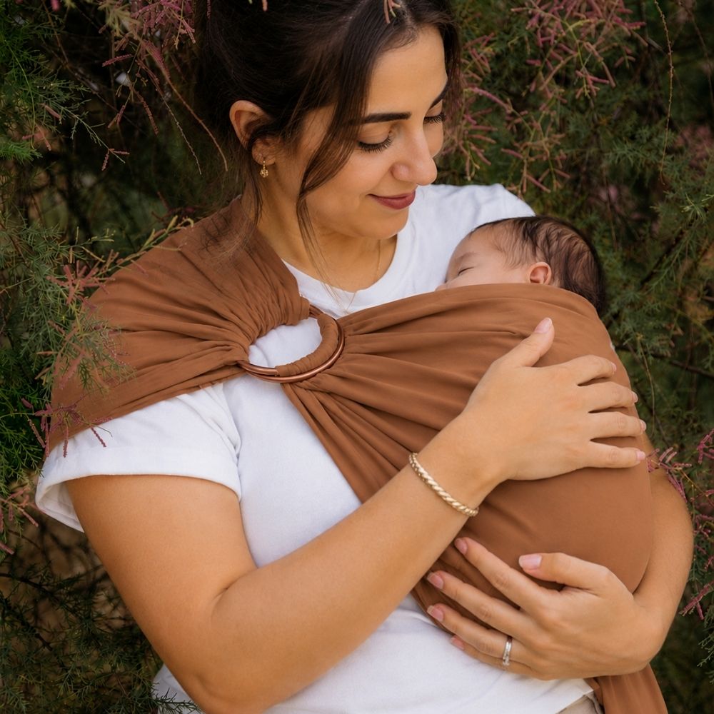 Balküpü Studio halka sling ile bebeğini ergonomik pozisyonda taşıyan anne. Bebek taşıma slingi, doğru M pozisyonunu destekleyerek bebeğin kalça gelişimine katkı sağlar ve ebeveyn için konforlu, dengeli bir taşıma deneyimi sunar.