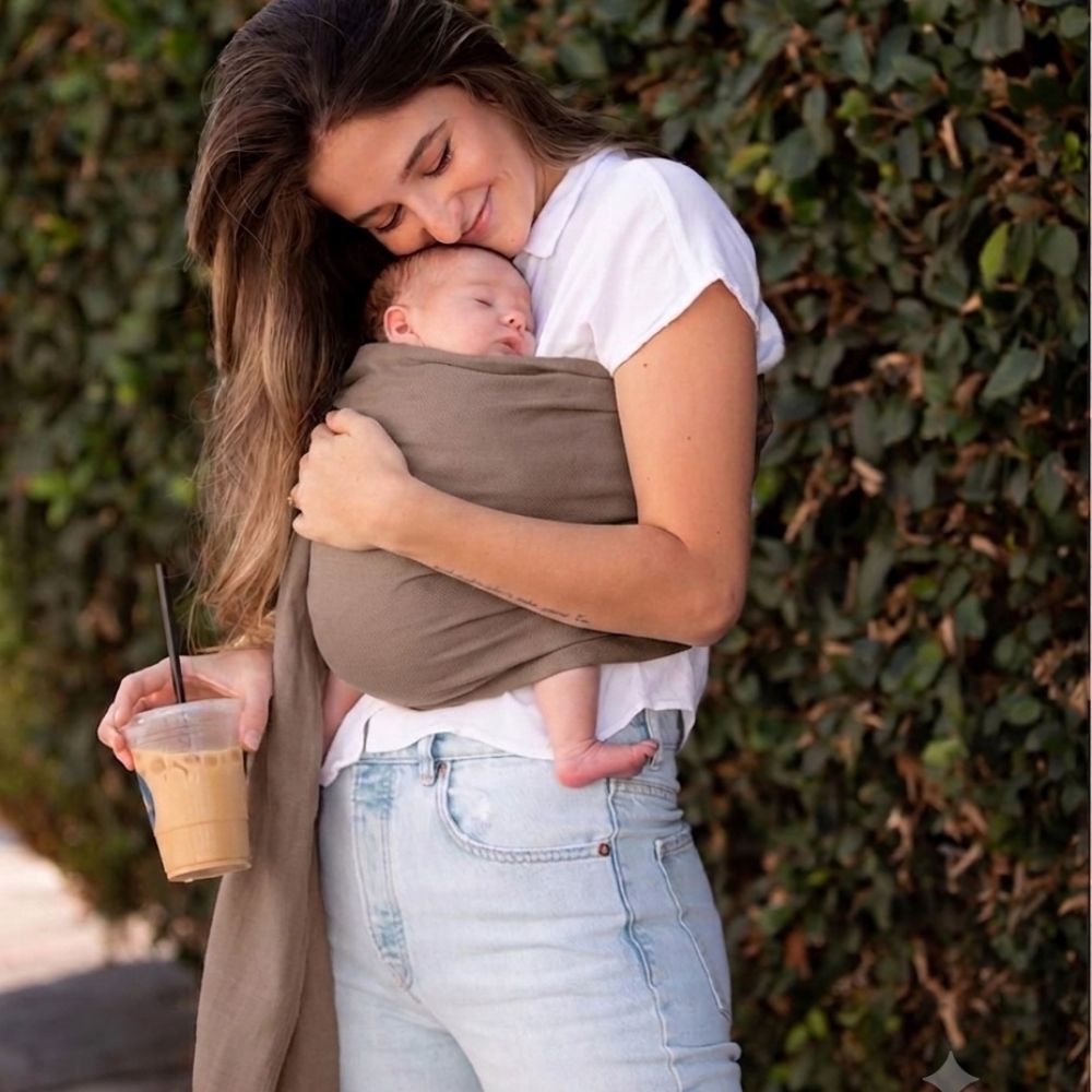 Balküpü Studio halka sling içinde ergonomik pozisyonda taşınan bebek. Günlük yaşam sırasında ten tene temas, doğru taşıma pozisyonu ve ebeveyne yakınlık sayesinde bebeğin fiziksel ve duygusal gelişimini destekleyen bebek taşıma slingi.