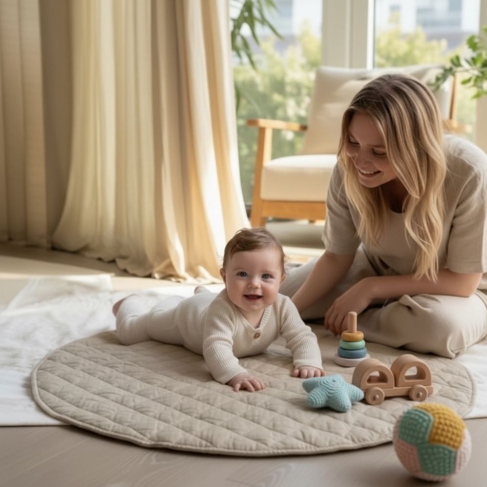 Çocuk gelişimini destekleyen kapitone pamuklu oyun halısında annesiyle oyun oynayan bebek