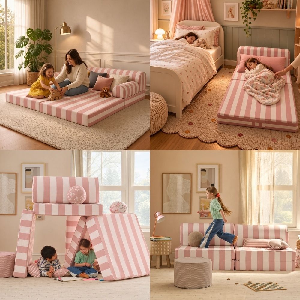 Pembe beyaz çizgili modüler oyun koltuğunun oturma, oyun, dinlenme ve minderlerle yapı kurma amaçlı farklı kullanımlarını gösteren dört görselli kolaj.