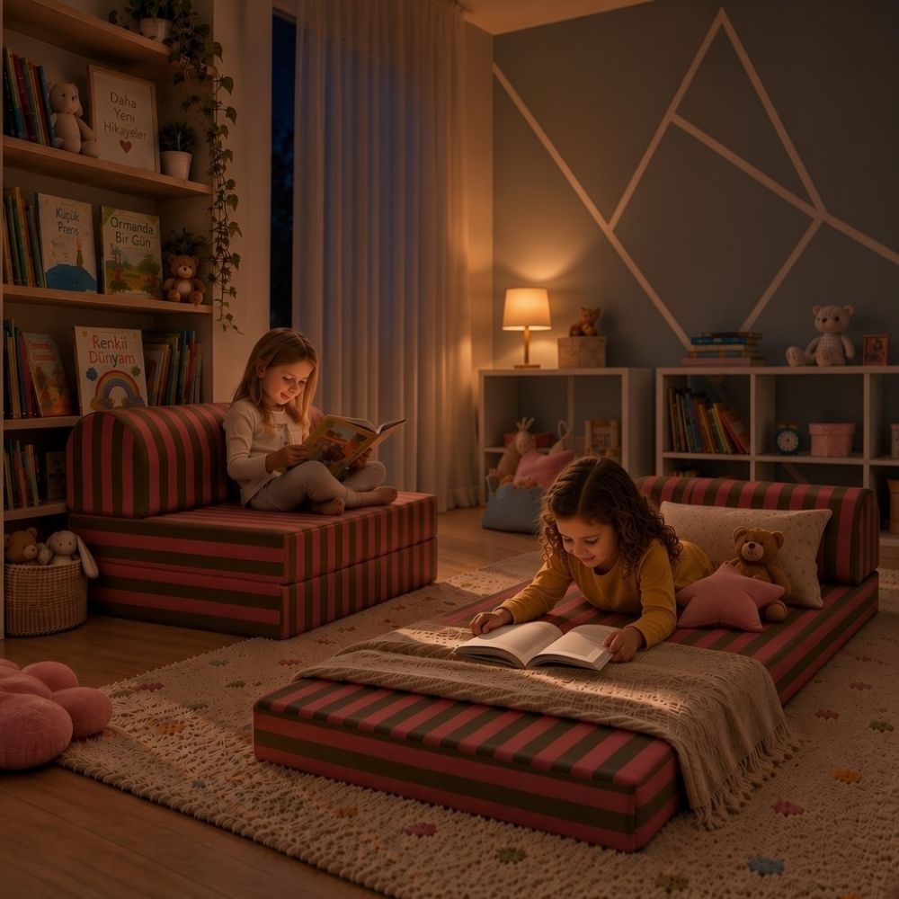 Çocuk odasında biri oturma koltuğu, diğeri yer yatağı olarak kullanılan pembe ve yeşil çizgili modüler çocuk koltuklarıyla oluşturulmuş çok amaçlı yaşam alanı.