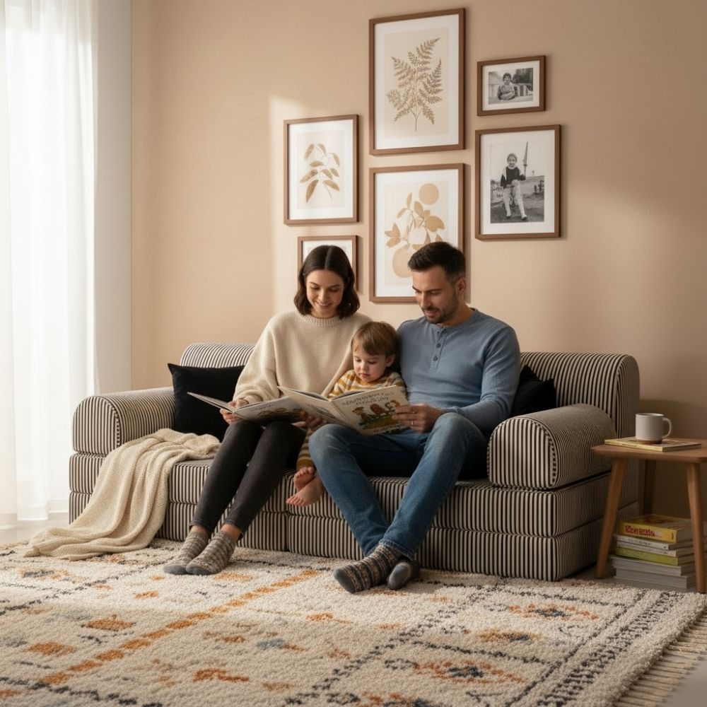 Çocuk ve ebeveynin birlikte kitap okuyabileceği rahat ve yere yakın oturma alanı