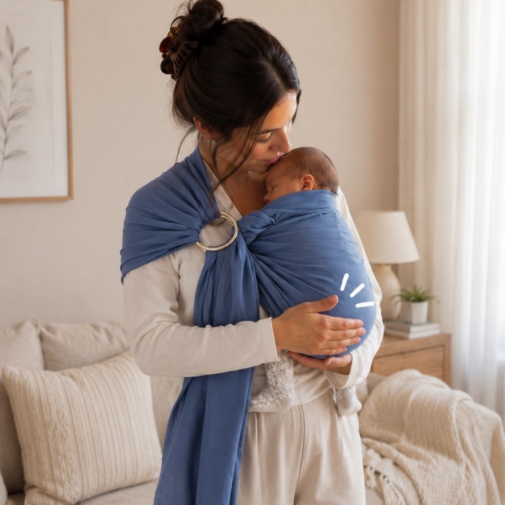 Mavi halka sling içinde dik pozisyonda taşınan bebek annesine yakın şekilde dinleniyor. Halka sling kullanımının bebeğin dik duruşunu destekleyerek gaz çıkarma sürecine ve rahatlamasına nasıl katkı sağlayabileceğini anlatan görsel.