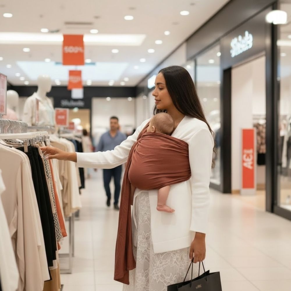 Balküpü Studio halka sling ile alışveriş yapan anne. Bebek taşıma slingi sayesinde eller serbest kalırken mağazada güvenli, konforlu ve pratik alışveriş deneyimi.