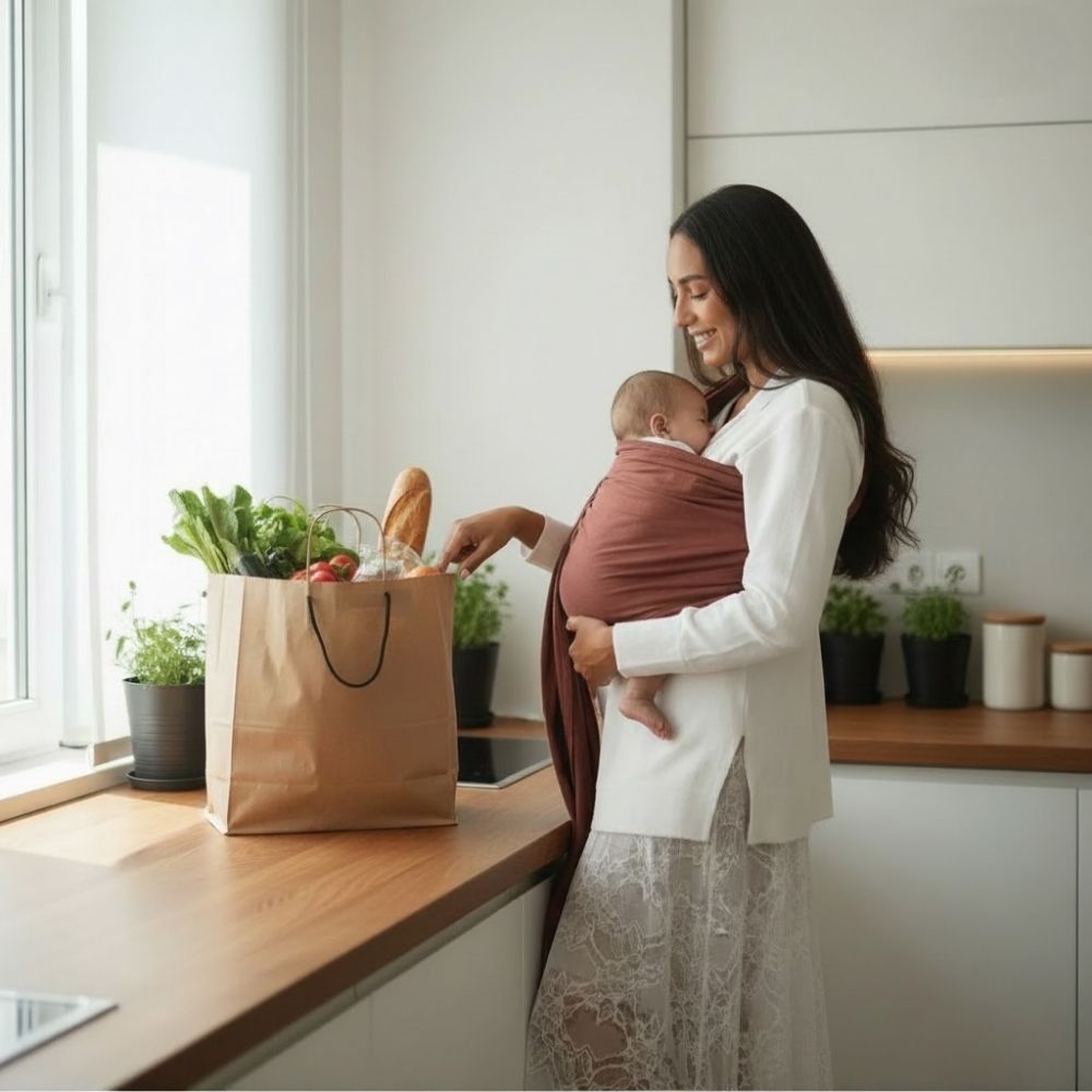 Balküpü Studio halka sling ile bebeğini güvenle taşırken mutfakta günlük işlerini yapan anne. Bebek taşıma slingi sayesinde eller serbest kalır, ev işleri ve günlük yaşam daha konforlu hale gelir.