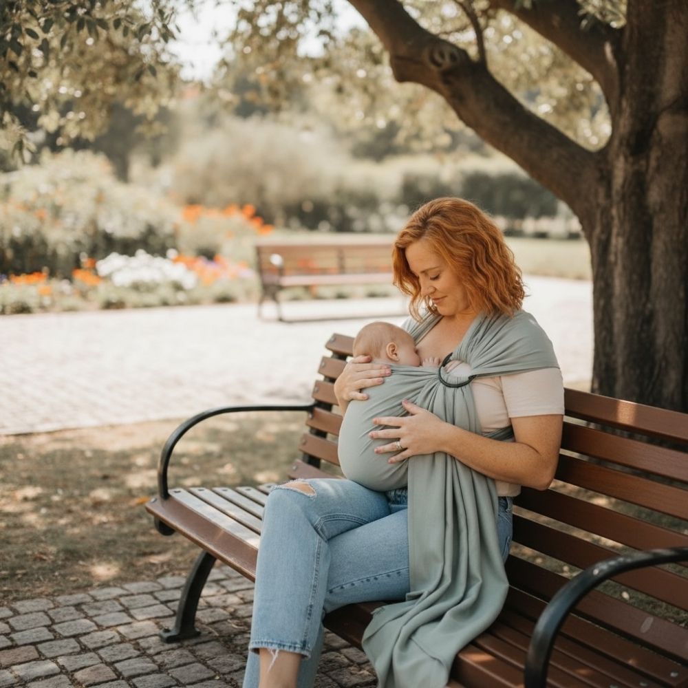 Anne, bebeğini halka sling ile güvenli şekilde taşırken parkta rahat ve konforlu emzirme deneyimi yaşıyor.