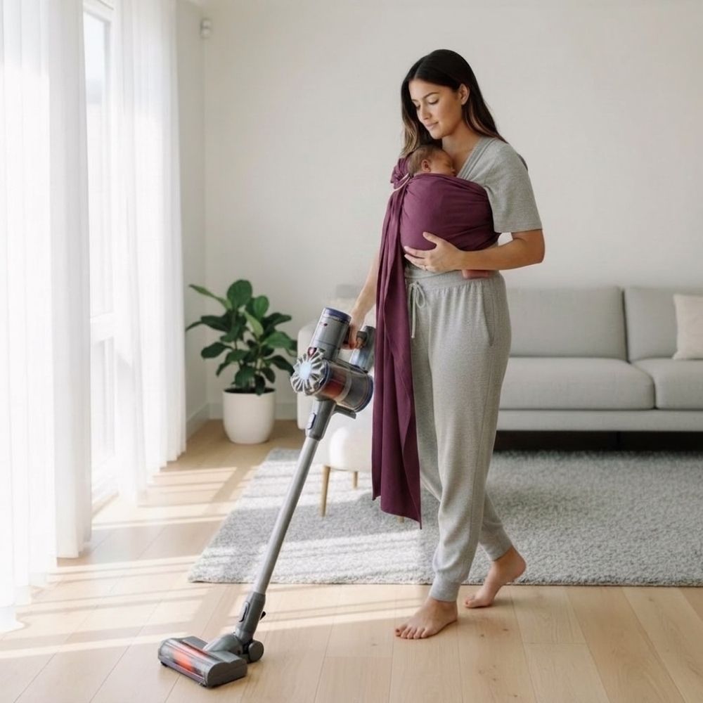 Balküpü Studio halka sling ile bebeğini ergonomik pozisyonda taşıyan anne, ev içinde hafif temizlik yapıyor. Halka sling kullanırken bebeğin hava yolu açık tutulmalı, güvenli taşıma kurallarına uyulmalı ve yalnızca hafif ev işleri yapılmalıdır.