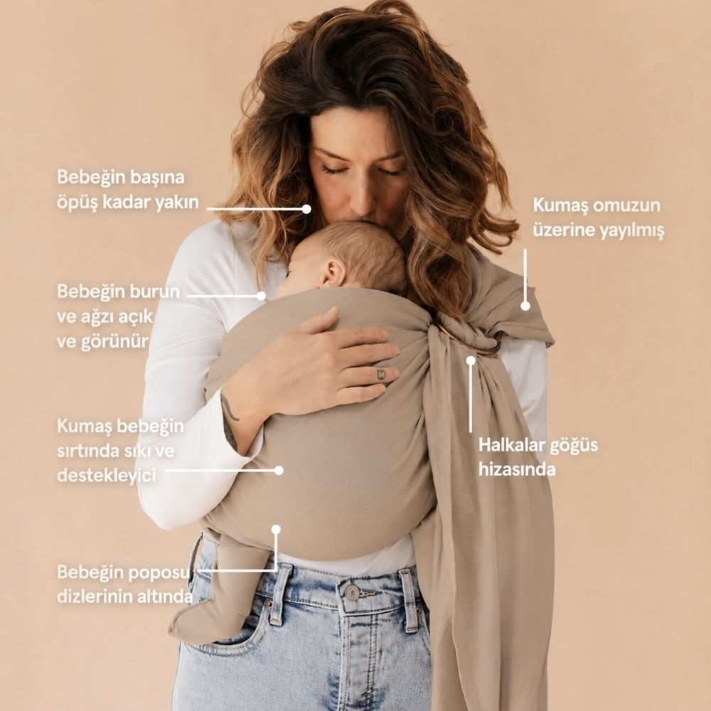 Halka sling ile güvenli ve konforlu bebek taşımanın püf noktalarını gösteren anne ve bebeğin ergonomik taşıma pozisyonunu anlatan bilgilendirici görsel.