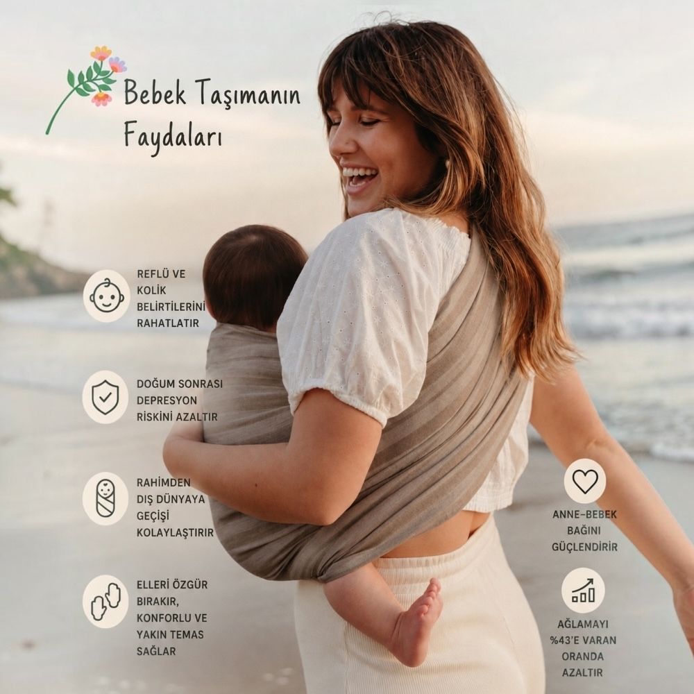 Halka sling ile kalça taşıma pozisyonunda bebeğini güvenli şekilde taşıyan anne. Ergonomik halka sling kullanımı, doğru kalça taşıma zamanı, anne-bebek yakın teması ve konforlu bebek taşıma hakkında bilgilendirici görsel.