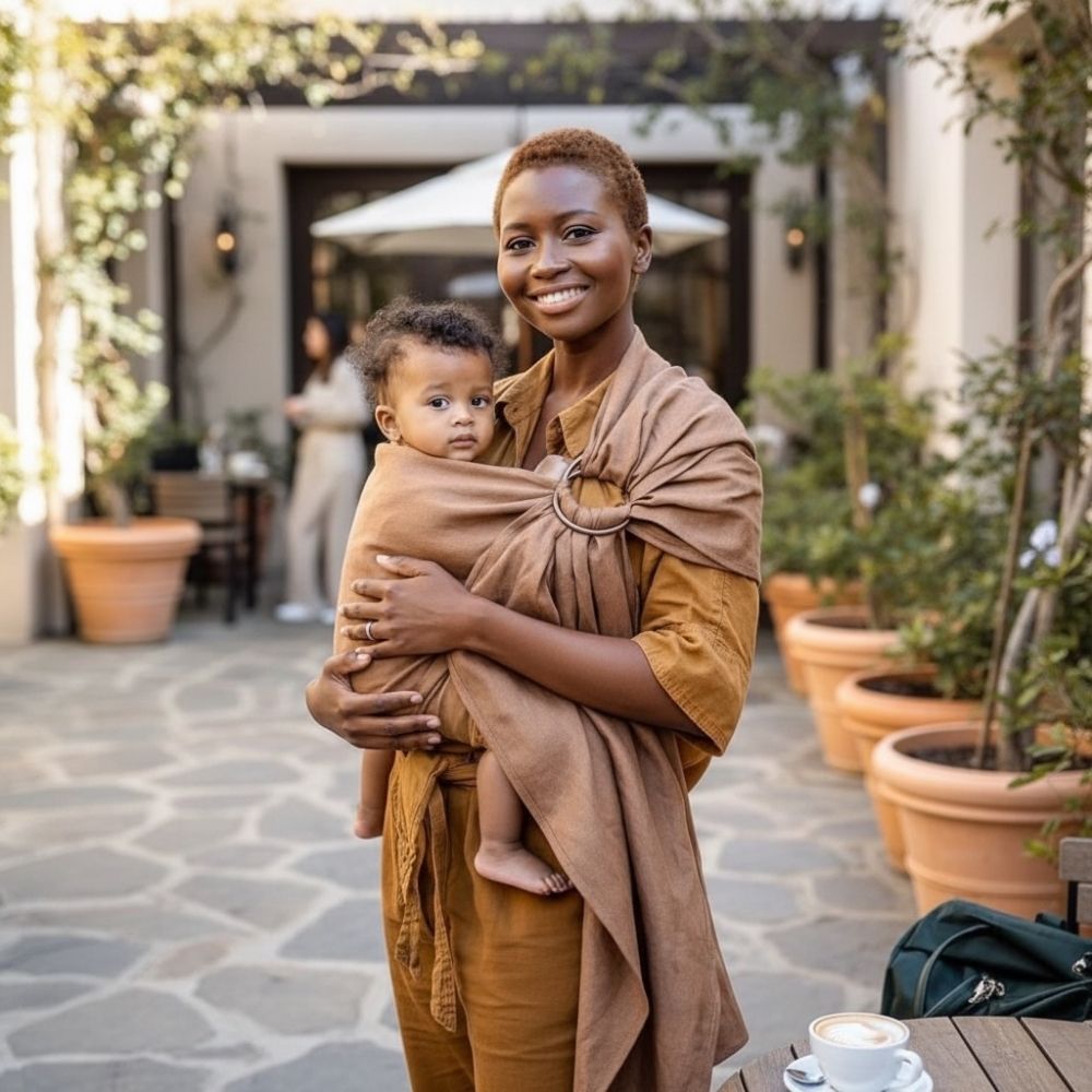 Anne, bebeğini %100 keten halka sling ile güvenli ve ergonomik şekilde tek omuzda taşıyor. Doğru ayarlanmış halka sling, bebeğin ağırlığını omuz ve sırt boyunca dengeli dağıtarak günlük kullanımda konforlu bir taşıma deneyimi sunar.