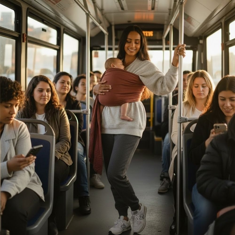 Balküpü Studio halka sling ile toplu taşımada bebeğini ergonomik şekilde taşıyan anne. Bebek taşıma slingi sayesinde otobüs ve metro gibi toplu taşıma araçlarında güvenli, konforlu ve pratik bebek taşıma deneyimi.