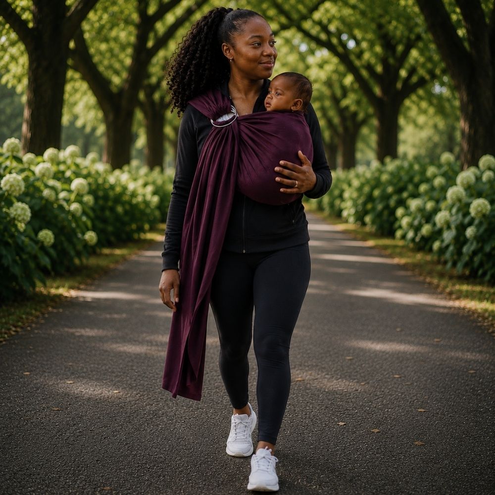 Mürdüm renk halka sling ile bebeğini ergonomik M pozisyonunda taşıyan anne, spor yürüyüş kıyafetleriyle parkta uzun yürüyüş yaparken. Halka sling ile uzun yürüyüşte konforlu ve güvenli bebek taşıma örneği.