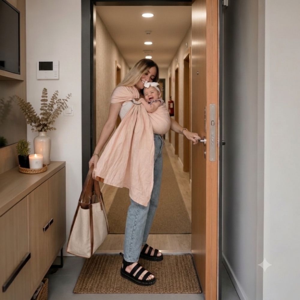 Balküpü Studio halka sling ile bebeğini güvenli ve ergonomik şekilde taşıyan anne. %100 keten bebek taşıma slingi, yenidoğandan başlayarak 3–15 kg kullanım aralığıyla uzun süre kullanılabilen pratik bir bebek taşıma ürünüdür.