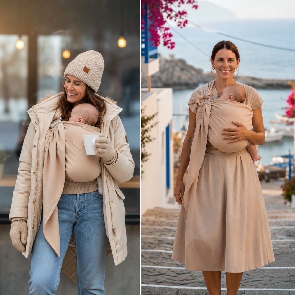  Yaz ve kış mevsiminde %100 keten halka sling ile bebeğini güvenli ve konforlu taşıyan anneleri gösteren karşılaştırmalı kolaj.