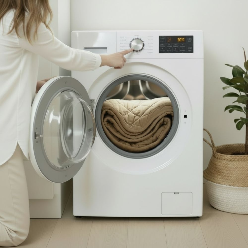 Kapitone oyun halısı çamaşır makinesinde yıkanırken bakım ve temizlik işlemi gösteriliyor.