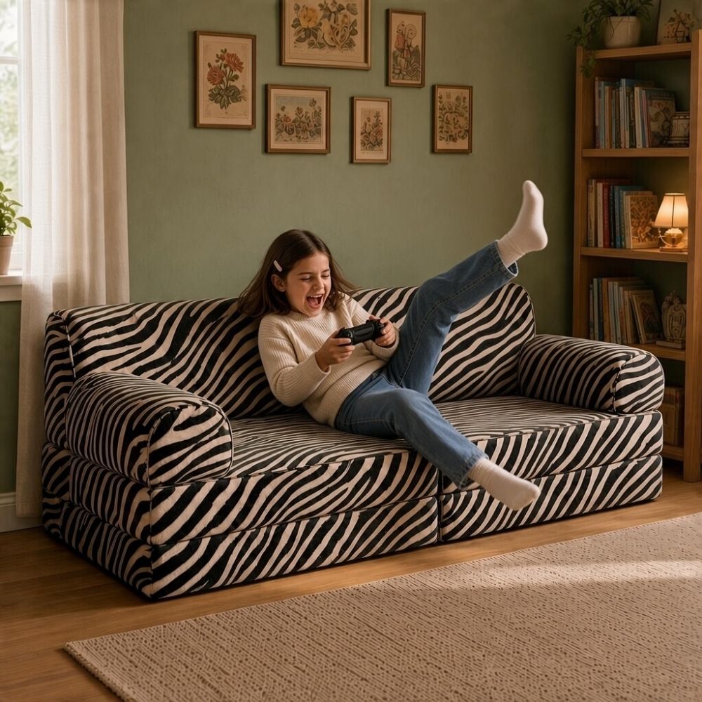 Küçük bir salonda siyah beyaz zebra desenli modüler çocuk koltuğunda oyun konsoluyla oynayan kız çocuğu. Çok amaçlı modüler koltuğun çocuklar için oyun ve oturma alanı olarak kullanımı.