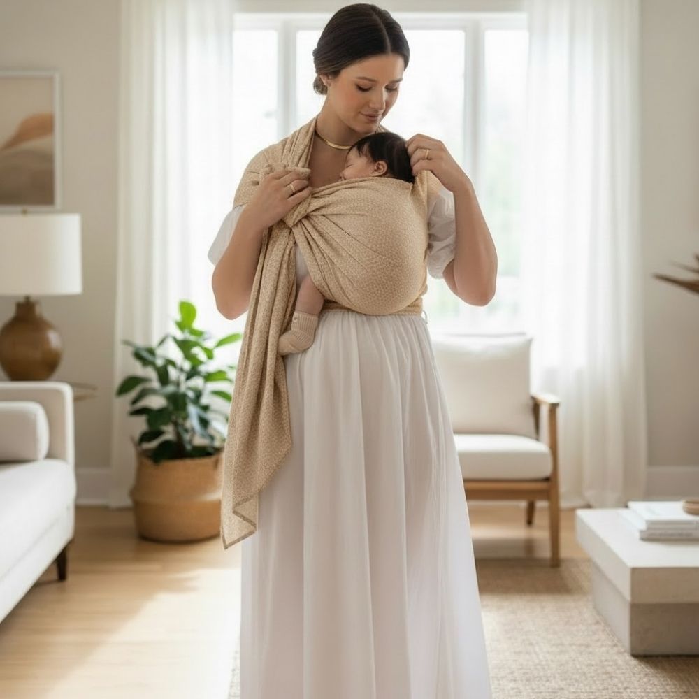 Balküpü Studio halka sling ile bebeğini güvenle taşıyan anne. Bebek taşıma slingi lohusalık döneminde ten tene teması destekler, elleri serbest bırakır ve günlük yaşamı daha konforlu hale getirir.