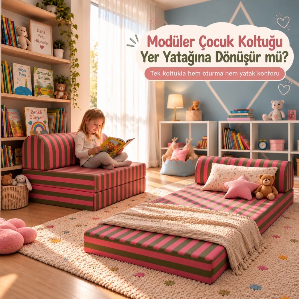 Pembe ve yeşil çizgili modüler çocuk koltuğunun oturma alanı ve yer yatağı olarak iki farklı kullanımını gösteren çocuk odası.