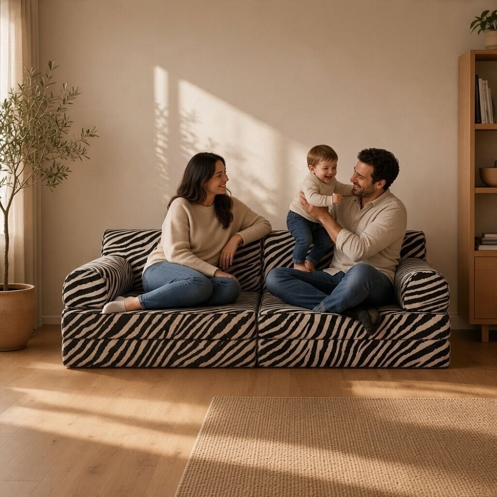 Küçük bir salonda zebra desenli modüler oyun koltuğu üzerinde çocuklarıyla birlikte oturan anne ve baba. Modüler çocuk mobilyalarının ailece kullanımını gösteren yaşam alanı.