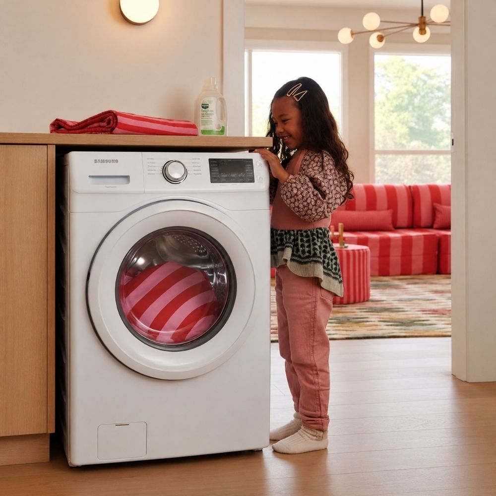     Çamaşır makinesine modüler oyun koltuğunun çıkarılabilir kılıfını yerleştiren çocuk. Fermuarlı, çıkarılabilir ve makinede yıkanabilir kılıfa sahip modüler oyun koltuğunun temizliği ve bakımı hakkında bilgi veren görsel.