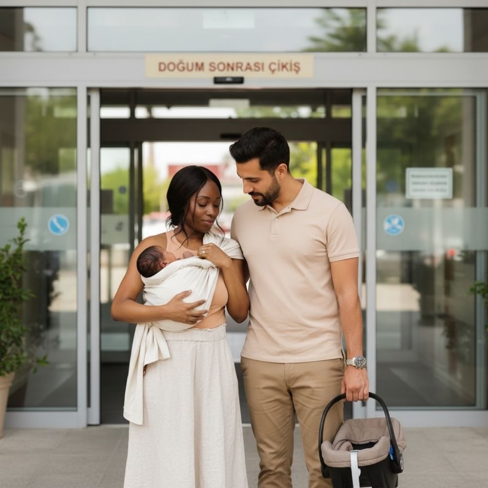 Balküpü Studio halka sling ile bebeğini taşıyan anne ve hastaneden çıkan aile. Bebek taşıma slingi sezaryen sonrası dönemde doğru kullanım ve doktor onayıyla konforlu ve ergonomik bir taşıma deneyimi sunabilir.
