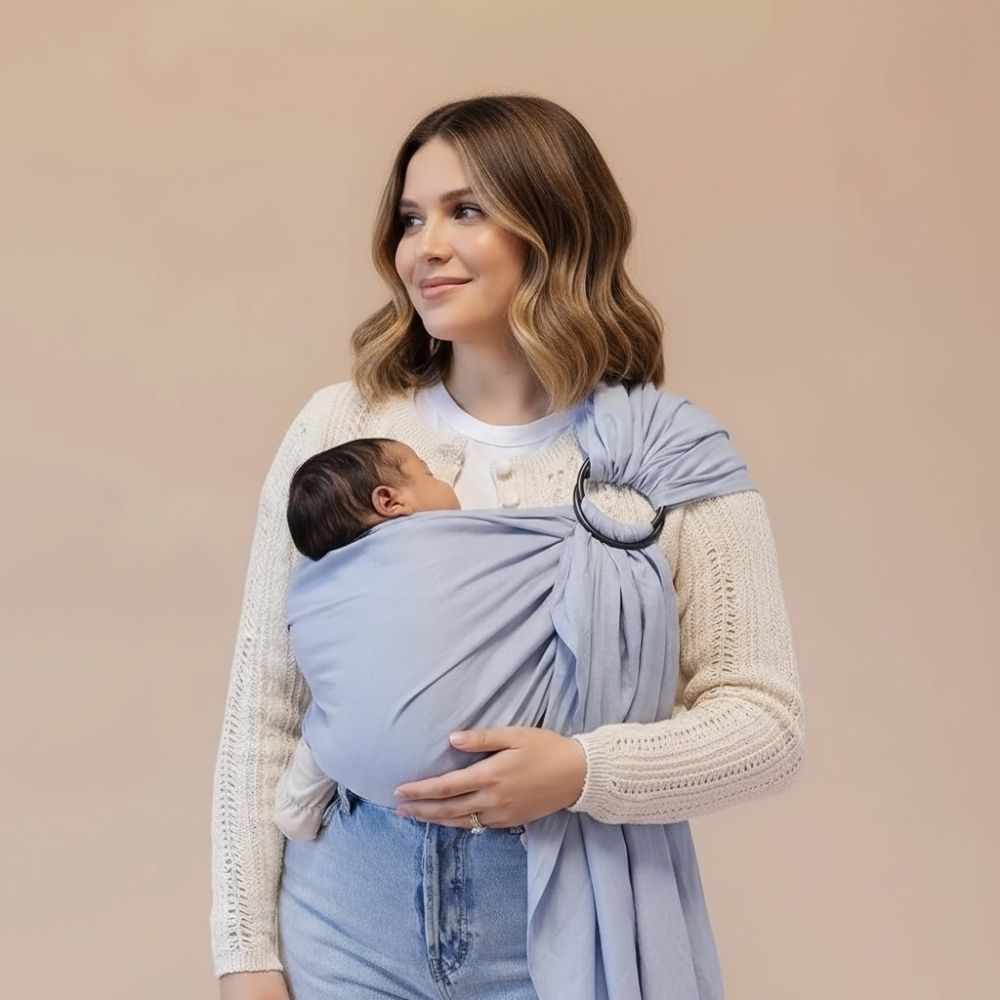 Yeni doğan bebeğini Balküpü Studio %100 keten halka sling ile güvenli ve konforlu şekilde taşıyan anne. Yeni doğan ihtiyaç listesi için ergonomik bebek taşıma slingi.